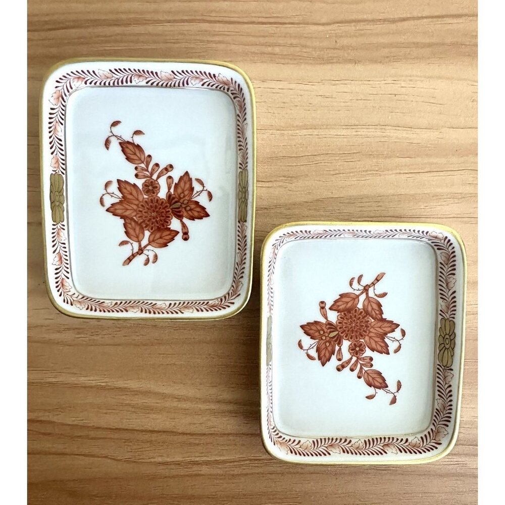 Herend Set Of 2 Mini Ceramic Rectangular Trinket Trays Chinese Bouquet Rust